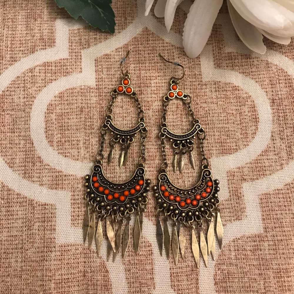 Antique Gold & Orange Chandelier Earrings